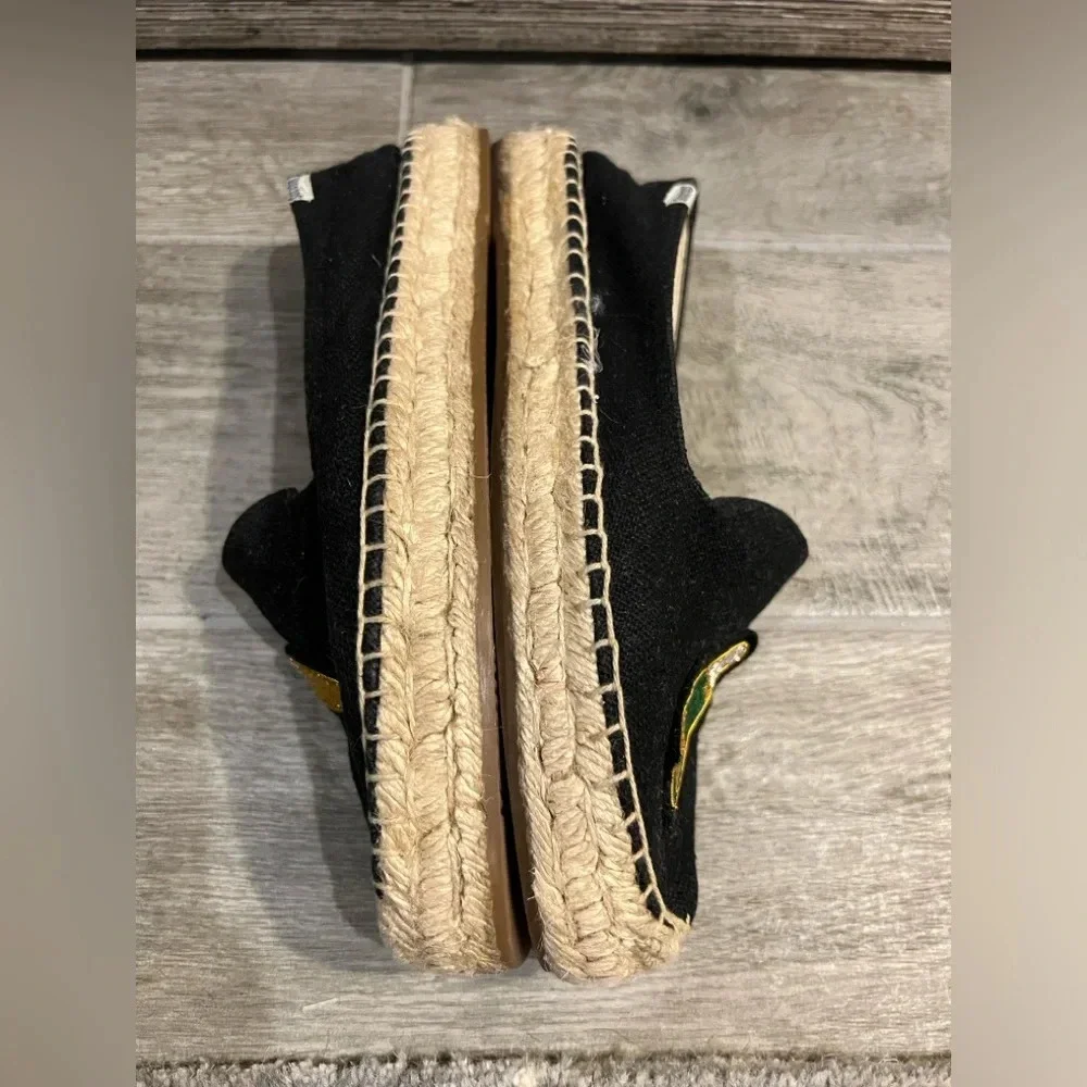 Soludos size 8 Black flat espadrilles beaded wine glass and wine bottle decor